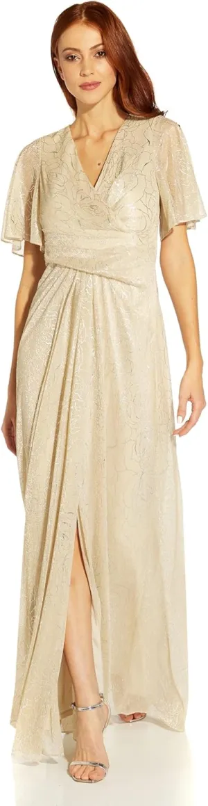 Adrianna Papell Women's Metallic Mesh Draped Gown
