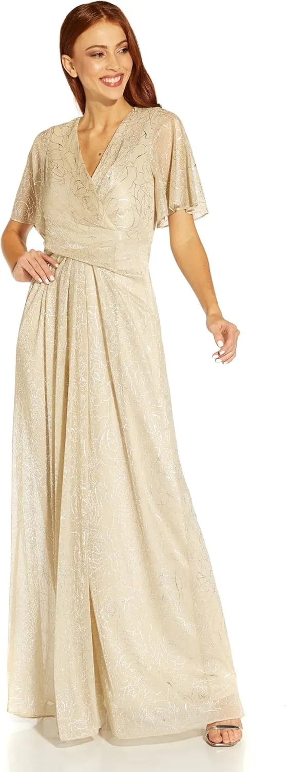 Adrianna Papell Women's Metallic Mesh Draped Gown