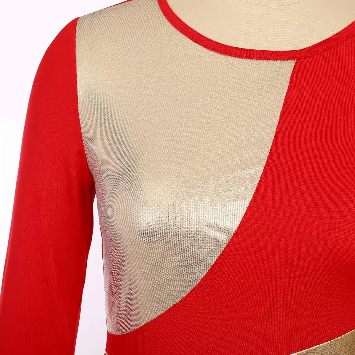 AFAVOM Women Metallic Color Block Praise Dance Dress Full Length Long Sleeve Worship Liturgical Lyrical Dancewear Costume