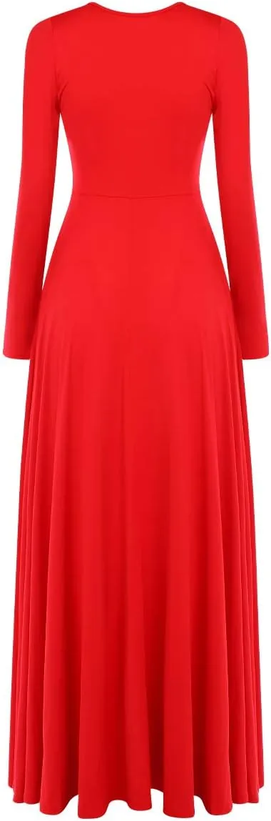 AFAVOM Women Metallic Color Block Praise Dance Dress Full Length Long Sleeve Worship Liturgical Lyrical Dancewear Costume