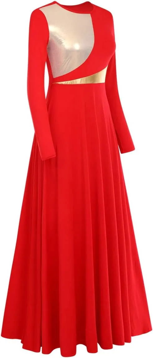 AFAVOM Women Metallic Color Block Praise Dance Dress Full Length Long Sleeve Worship Liturgical Lyrical Dancewear Costume