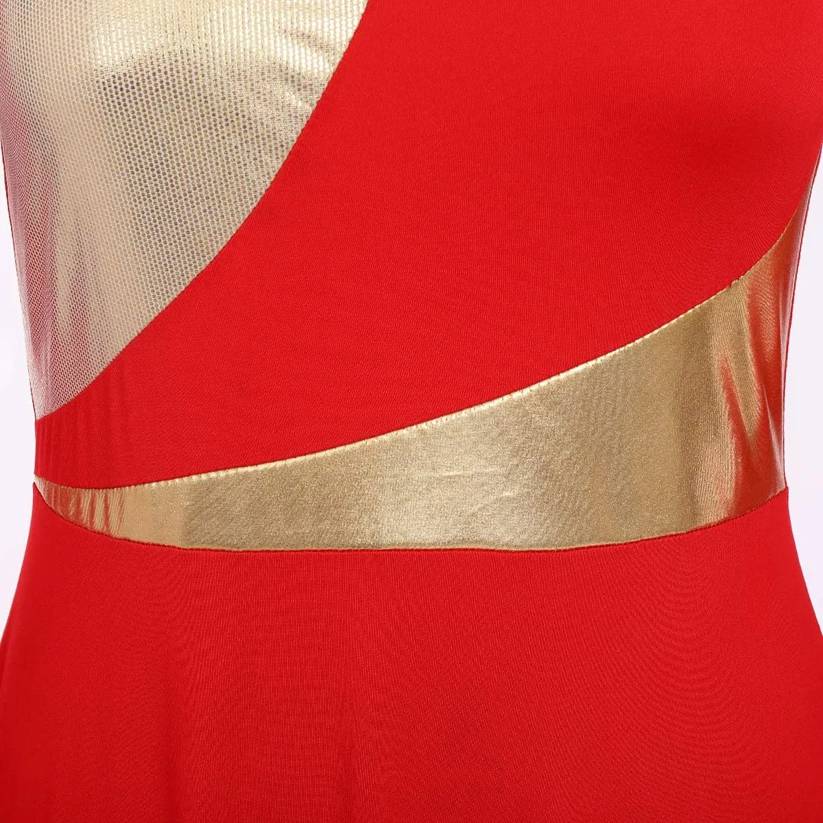AFAVOM Women Metallic Color Block Praise Dance Dress Full Length Long Sleeve Worship Liturgical Lyrical Dancewear Costume