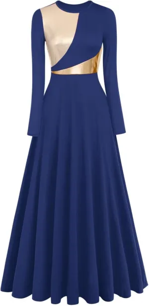 AFAVOM Women Metallic Color Block Praise Dance Dress Full Length Long Sleeve Worship Liturgical Lyrical Dancewear Costume