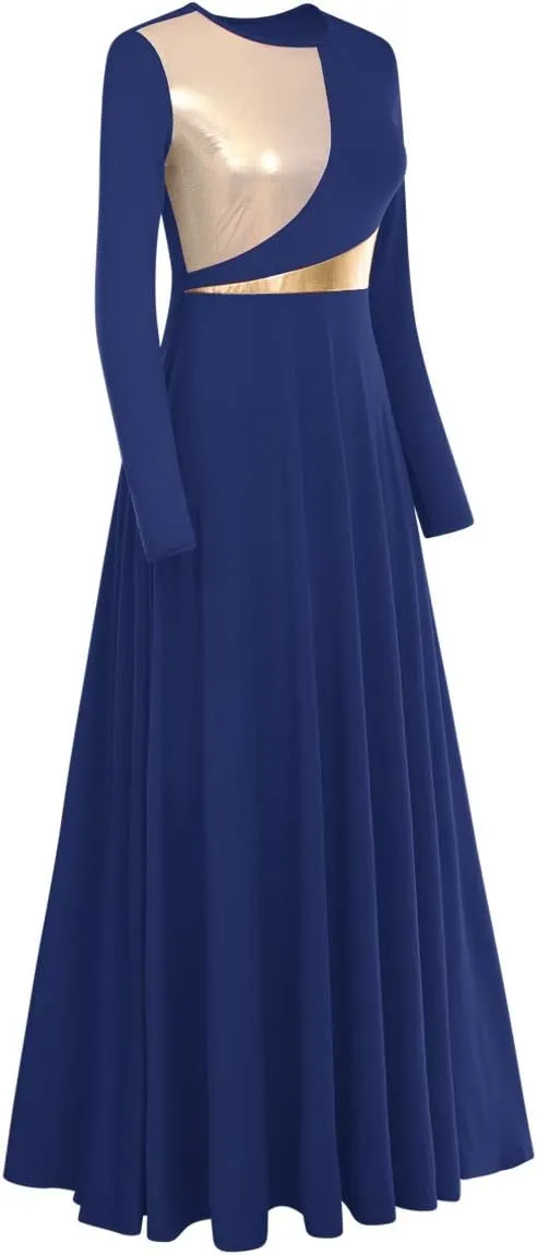 AFAVOM Women Metallic Color Block Praise Dance Dress Full Length Long Sleeve Worship Liturgical Lyrical Dancewear Costume