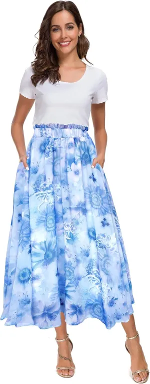 Afibi Women High Waist Floral Print Swing Chiffon Beach Midi Long Skirt with Pockets