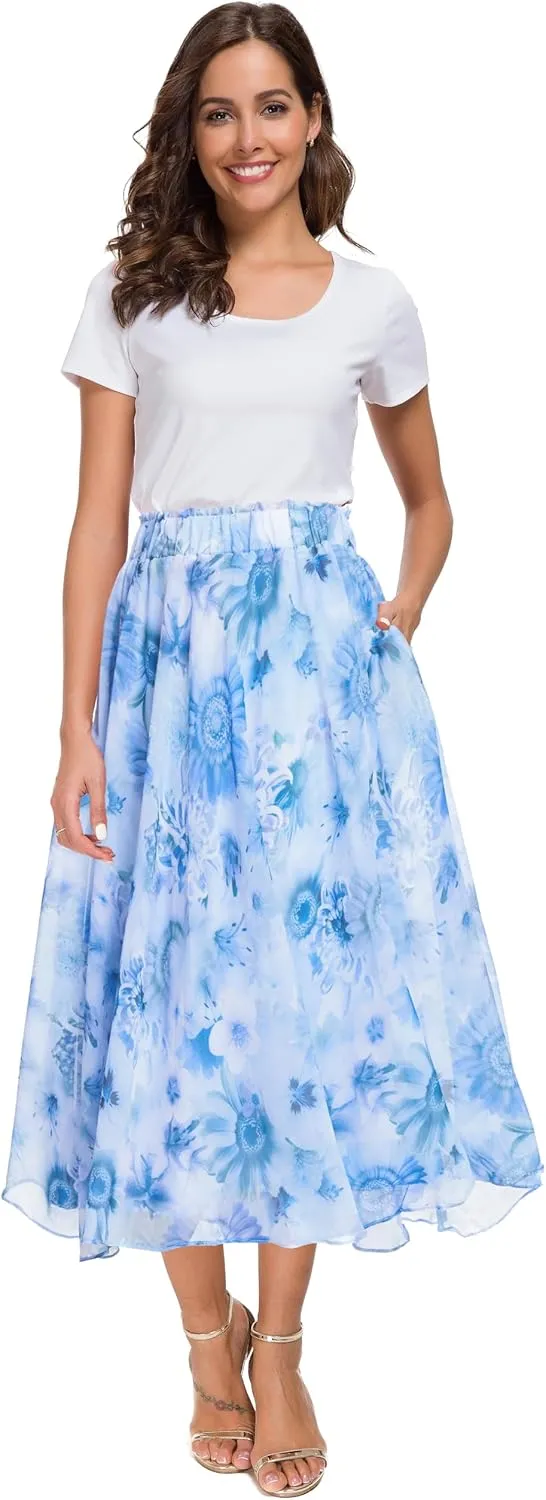 Afibi Women High Waist Floral Print Swing Chiffon Beach Midi Long Skirt with Pockets