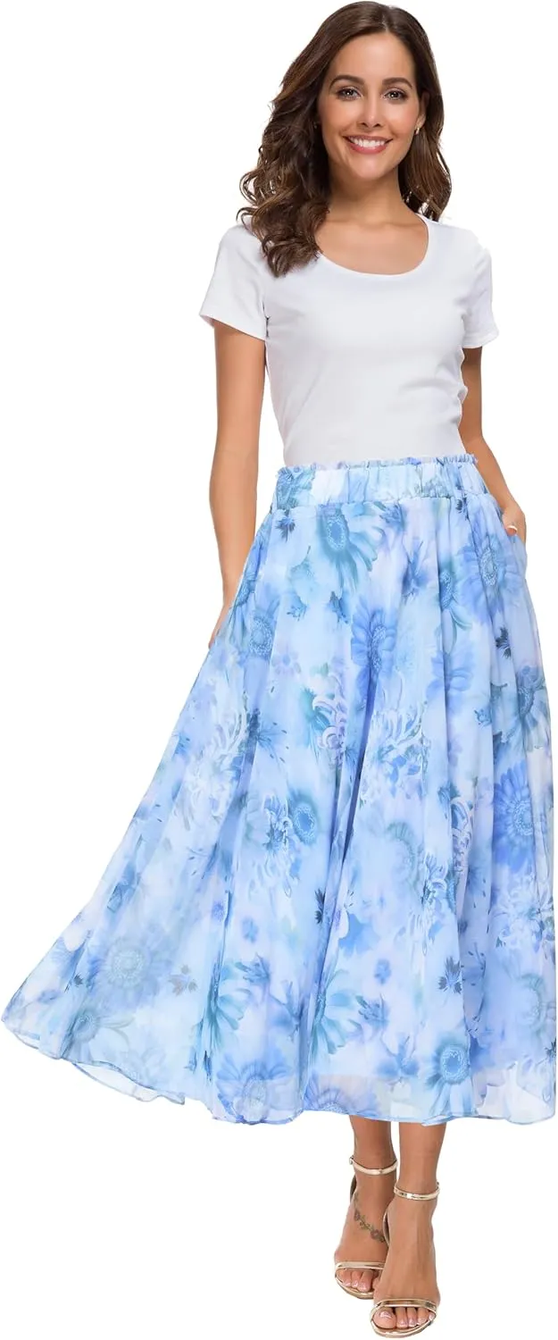 Afibi Women High Waist Floral Print Swing Chiffon Beach Midi Long Skirt with Pockets
