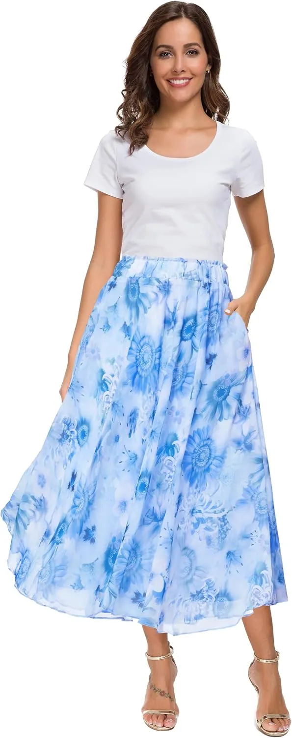 Afibi Women High Waist Floral Print Swing Chiffon Beach Midi Long Skirt with Pockets