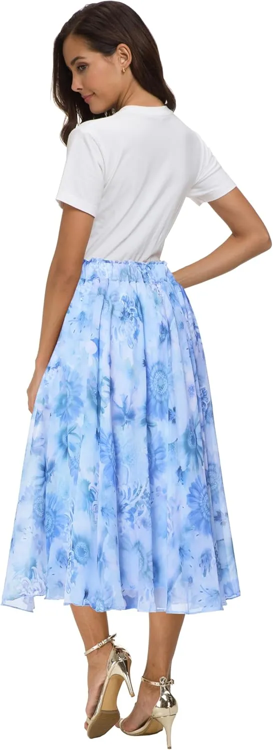 Afibi Women High Waist Floral Print Swing Chiffon Beach Midi Long Skirt with Pockets
