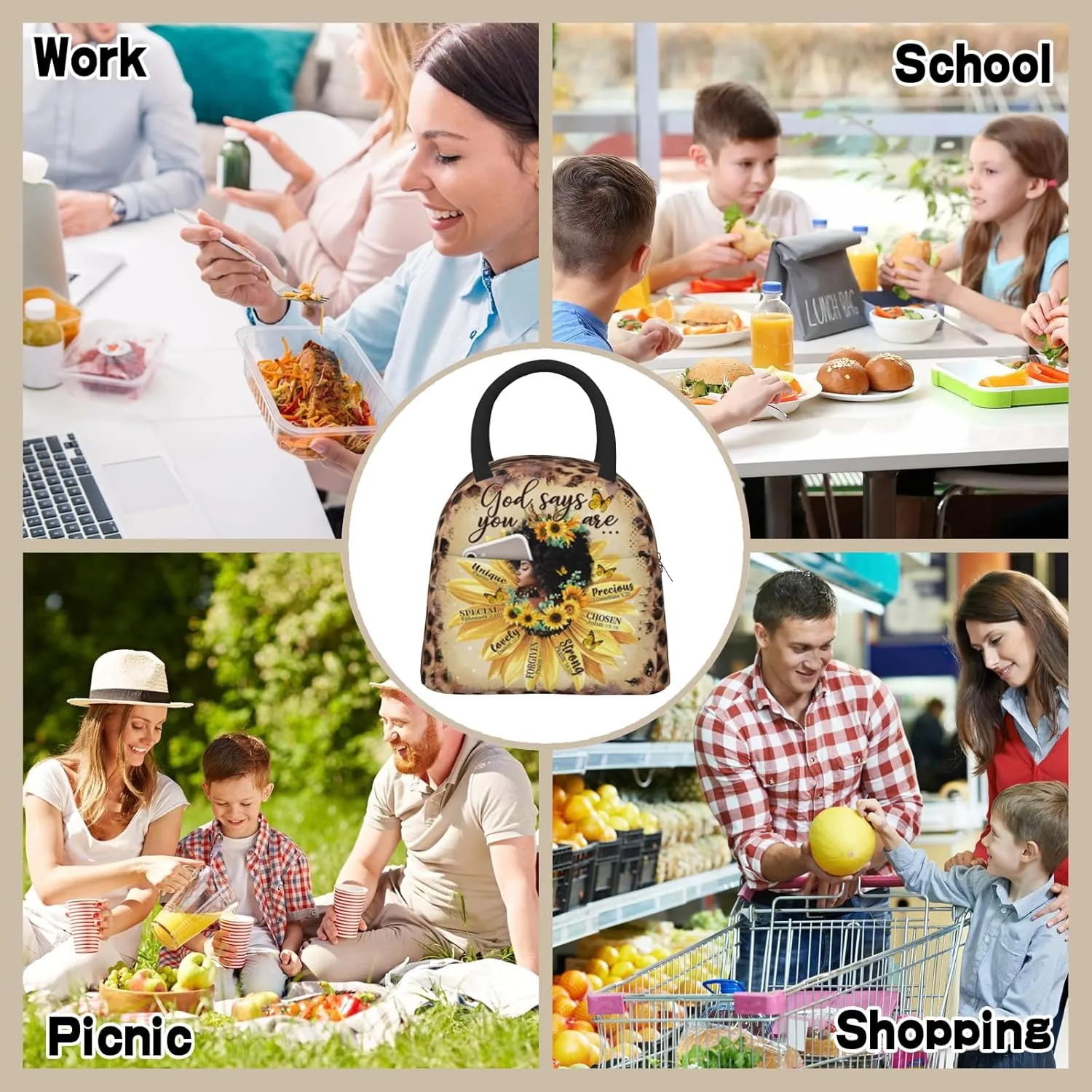 African American Women Lunch Bag Reusable Yellow American Afro Woman Leakproof Insulated Lunch Box Cooler Tote Bag Food Snack Container for Men Adult Work Travel Picnic
