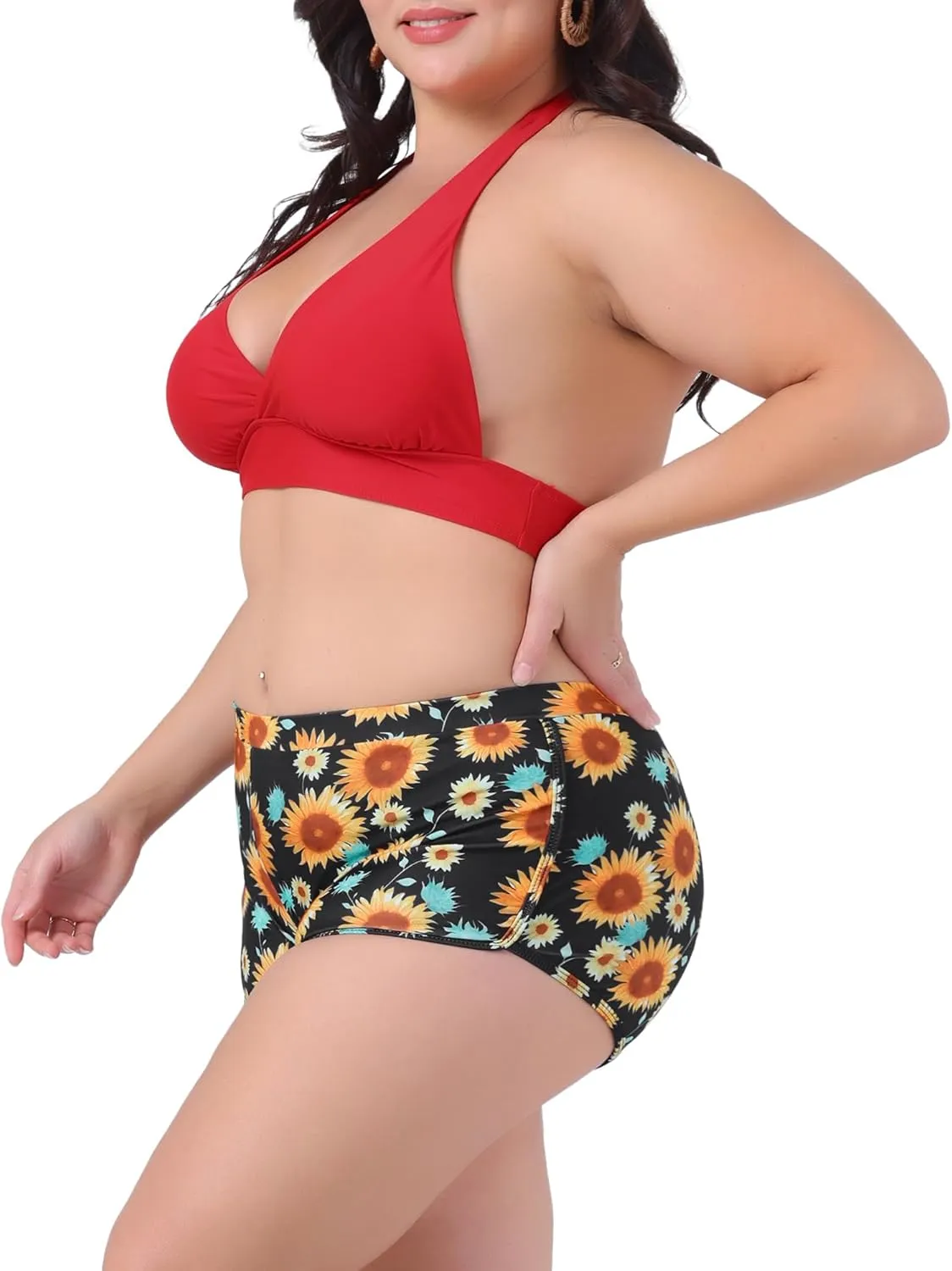 Agnes Orinda Women's Plus Size Sunflower Bikini 2 Piece Swimsuits High Waisted Halter Bathing Suit Sets