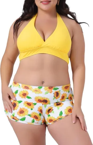 Agnes Orinda Women's Plus Size Sunflower Bikini 2 Piece Swimsuits High Waisted Halter Bathing Suit Sets