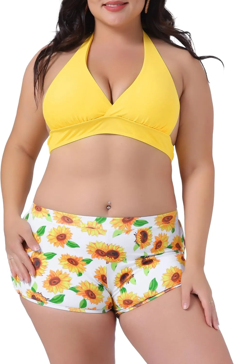 Agnes Orinda Women's Plus Size Sunflower Bikini 2 Piece Swimsuits High Waisted Halter Bathing Suit Sets