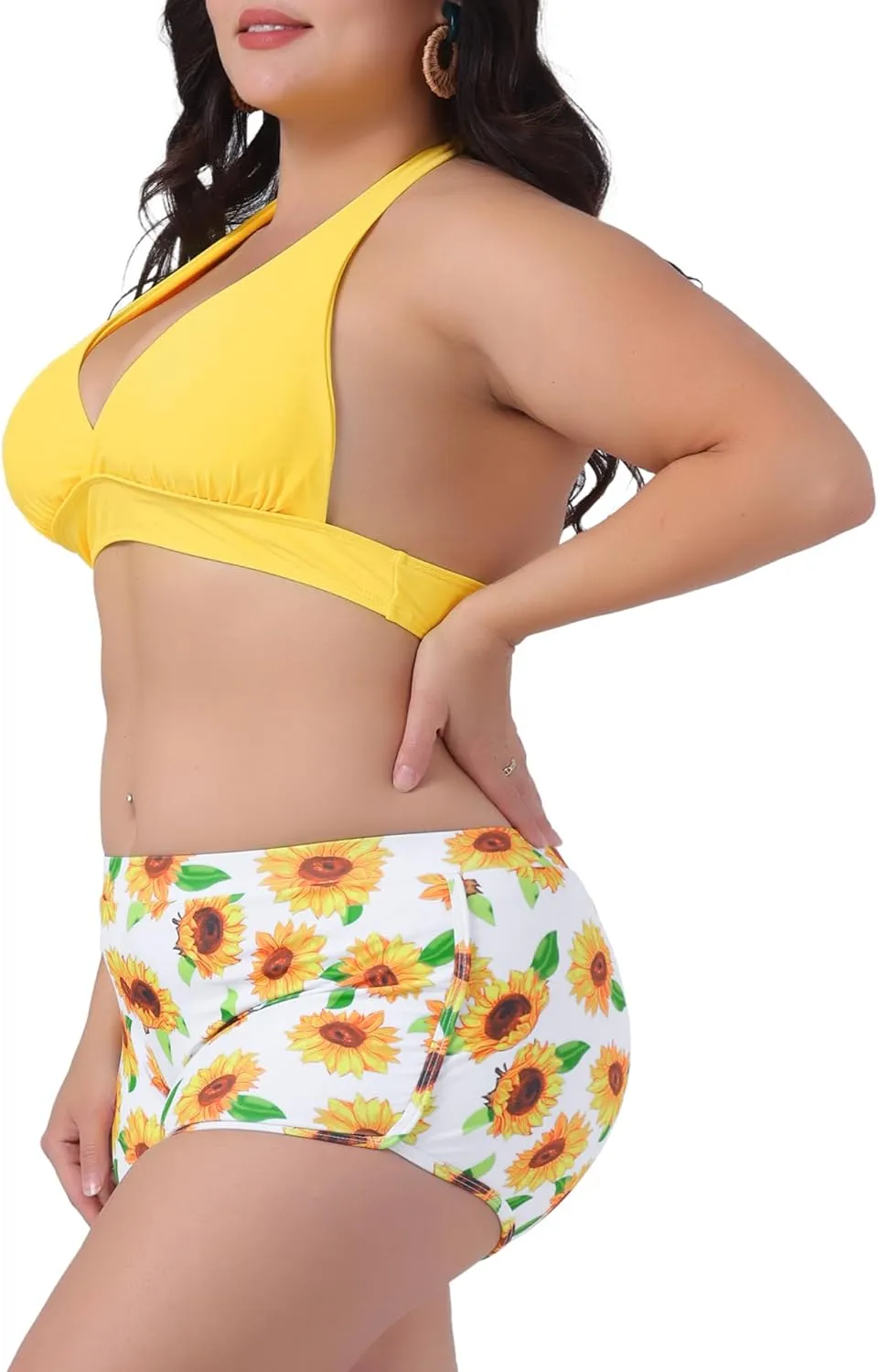 Agnes Orinda Women's Plus Size Sunflower Bikini 2 Piece Swimsuits High Waisted Halter Bathing Suit Sets