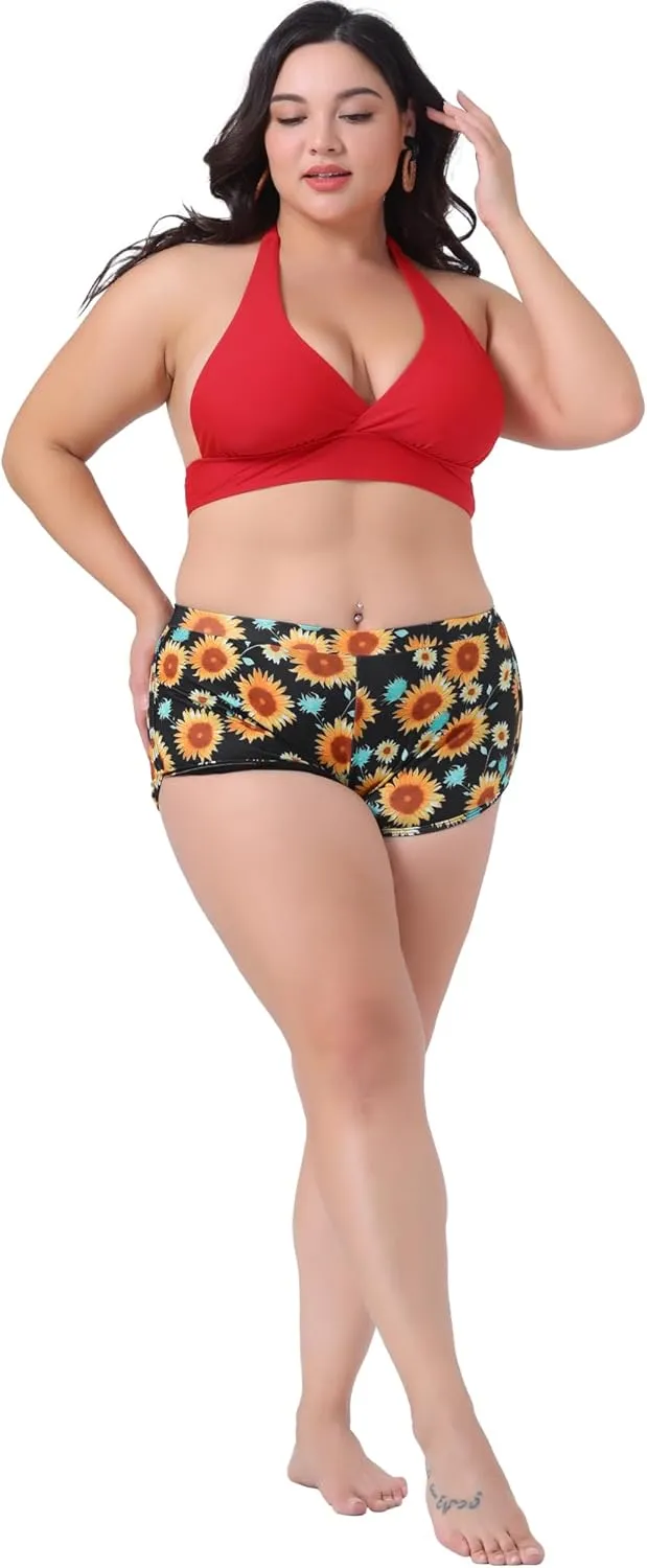 Agnes Orinda Women's Plus Size Sunflower Bikini 2 Piece Swimsuits High Waisted Halter Bathing Suit Sets