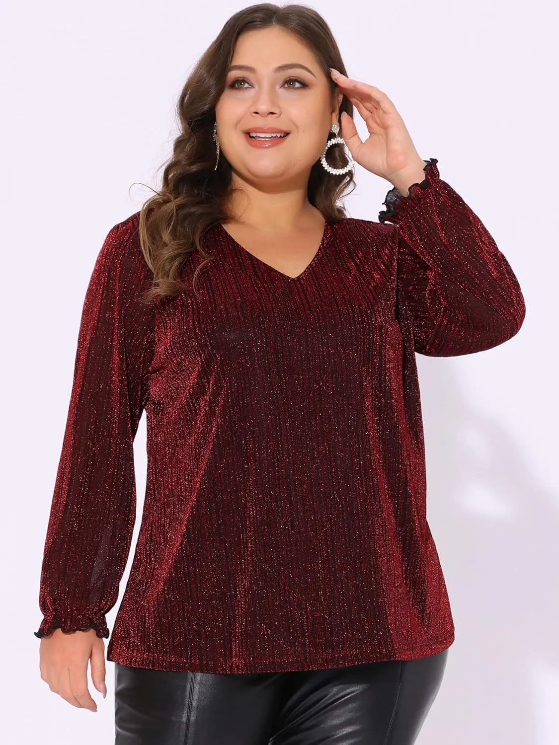 Agnes Orinda Women's Plus Size Top Metallic Party Glitter Long Sleeve Shiny Disco Sparkle Tops