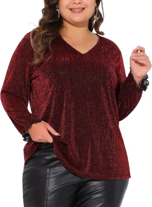 Agnes Orinda Women's Plus Size Top Metallic Party Glitter Long Sleeve Shiny Disco Sparkle Tops