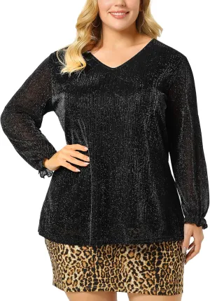 Agnes Orinda Women's Plus Size Top Metallic Party Glitter Long Sleeve Shiny Disco Sparkle Tops