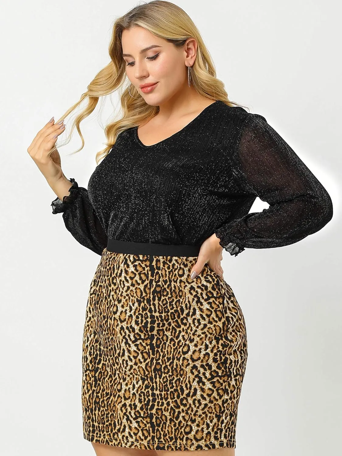 Agnes Orinda Women's Plus Size Top Metallic Party Glitter Long Sleeve Shiny Disco Sparkle Tops