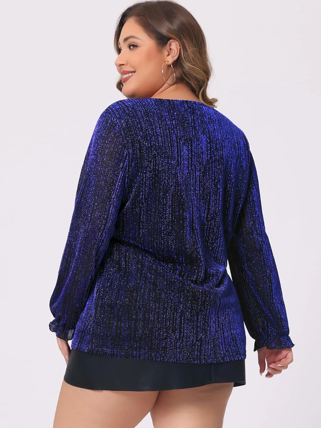 Agnes Orinda Women's Plus Size Top Metallic Party Glitter Long Sleeve Shiny Disco Sparkle Tops