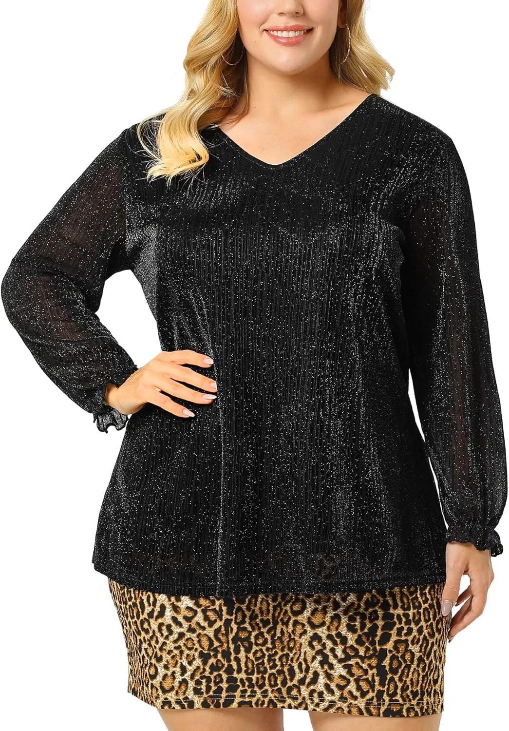 Agnes Orinda Women's Plus Size Top Metallic Party Glitter Long Sleeve Shiny Disco Sparkle Tops