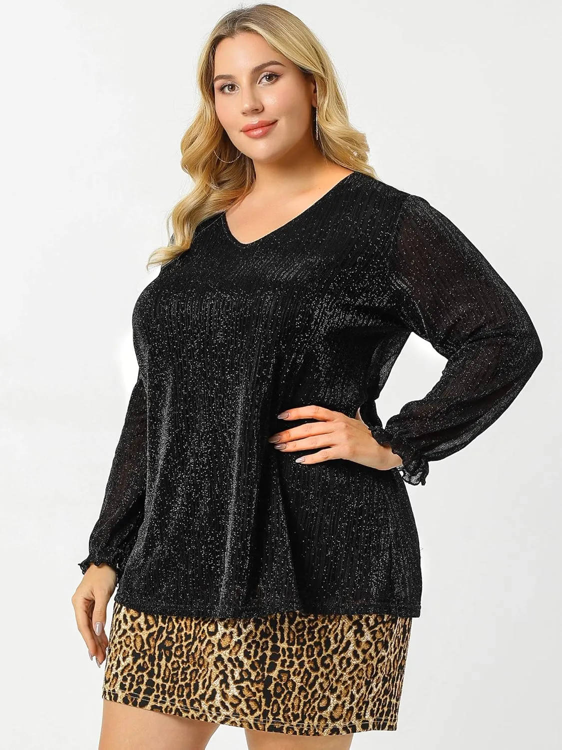 Agnes Orinda Women's Plus Size Top Metallic Party Glitter Long Sleeve Shiny Disco Sparkle Tops