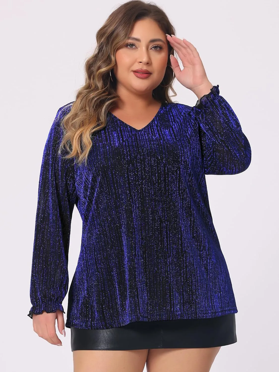 Agnes Orinda Women's Plus Size Top Metallic Party Glitter Long Sleeve Shiny Disco Sparkle Tops