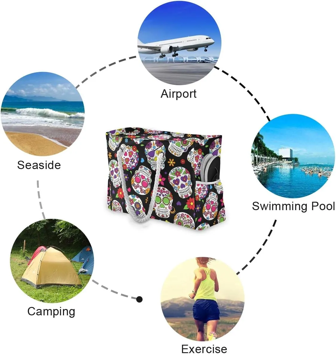 ALAZA Beach Bag, Day of the Dead Sugar Skull Halloween Travel Tote Bags for Camping, Exercise