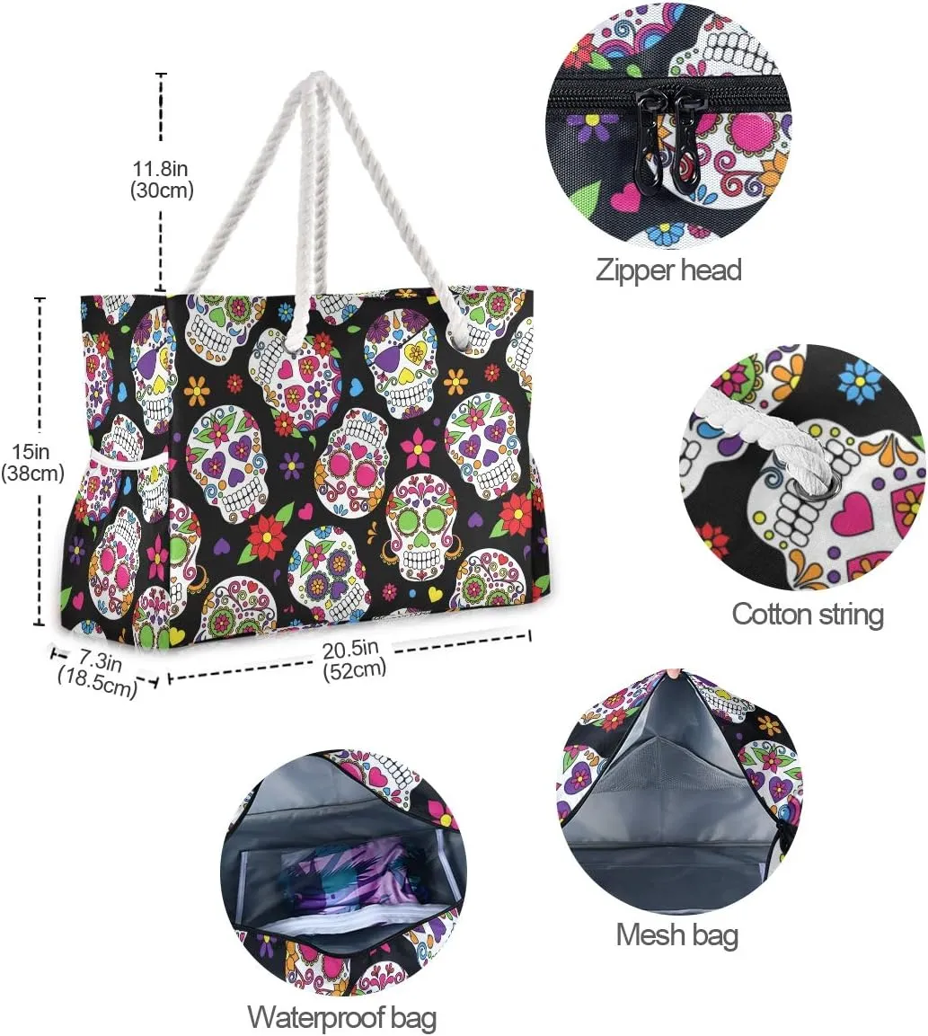 ALAZA Beach Bag, Day of the Dead Sugar Skull Halloween Travel Tote Bags for Camping, Exercise