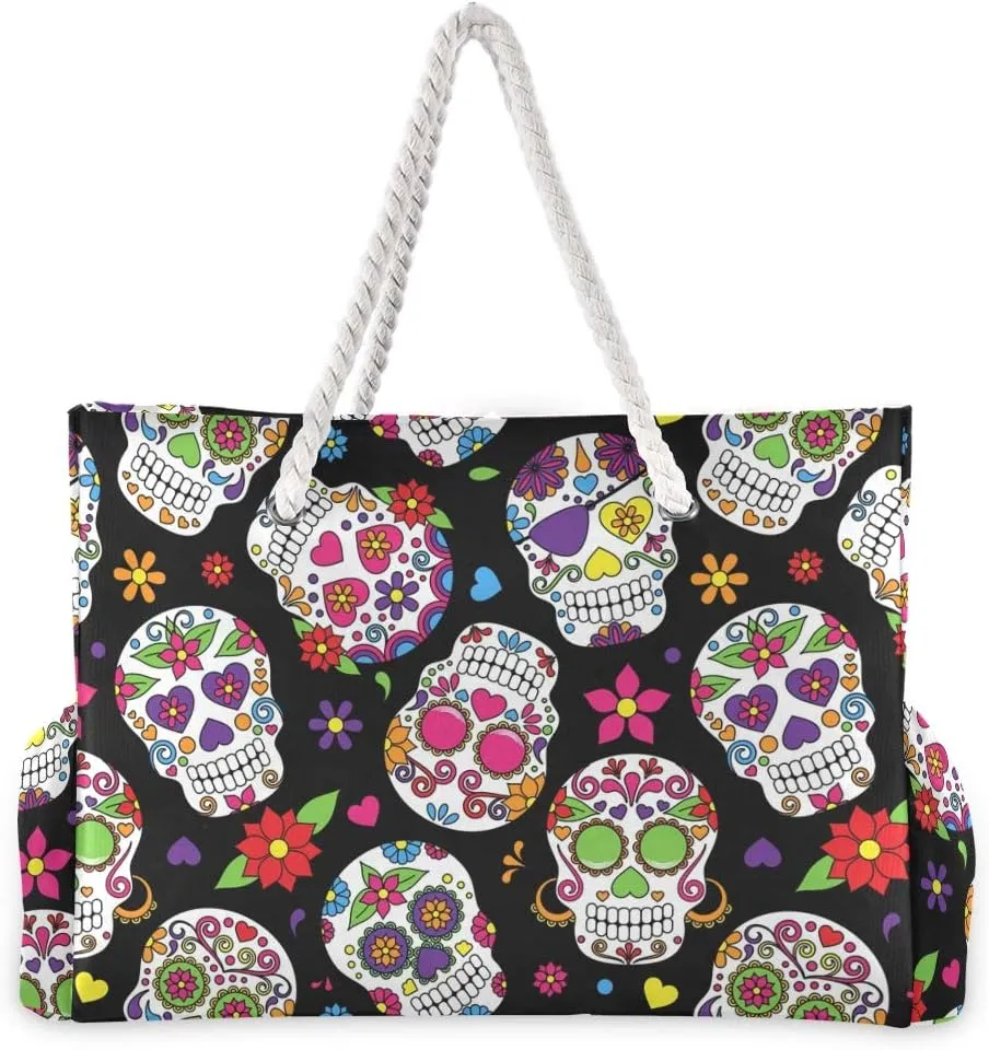 ALAZA Beach Bag, Day of the Dead Sugar Skull Halloween Travel Tote Bags for Camping, Exercise