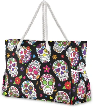 ALAZA Beach Bag, Day of the Dead Sugar Skull Halloween Travel Tote Bags for Camping, Exercise