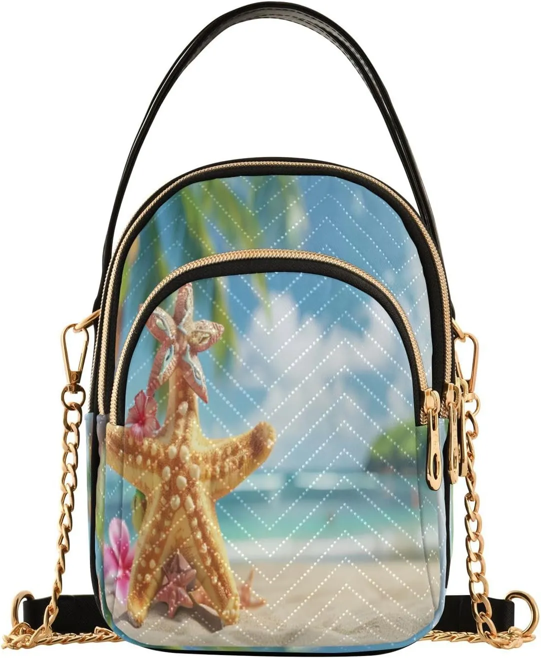 ALAZA Quilted Crossbody Bags for Women,Star Fish with Hawaiian Costume Tropical Palm and Beach Background Women's Crossbody Handbags Small Travel Purses Phone Bag