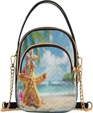 ALAZA Quilted Crossbody Bags for Women,Star Fish with Hawaiian Costume Tropical Palm and Beach Background Women's Crossbody Handbags Small Travel Purses Phone Bag