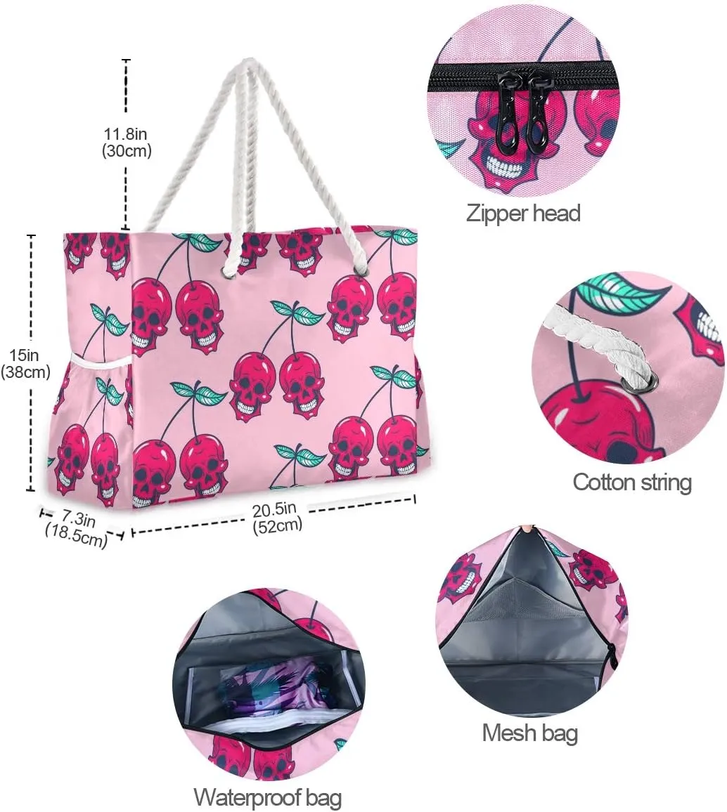 ALAZA Sweet Cherry Skull Shoulder Tote Bags for Gym Travel Beach, Inner Pockets