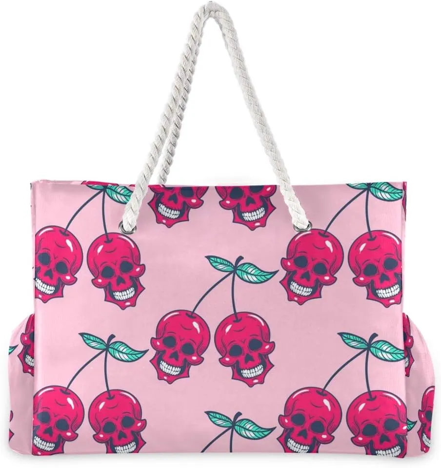 ALAZA Sweet Cherry Skull Shoulder Tote Bags for Gym Travel Beach, Inner Pockets
