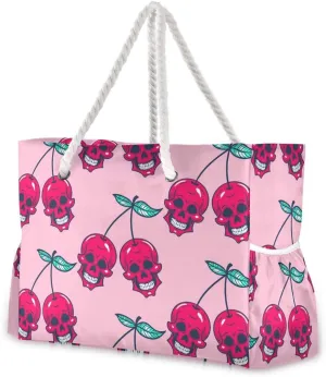 ALAZA Sweet Cherry Skull Shoulder Tote Bags for Gym Travel Beach, Inner Pockets