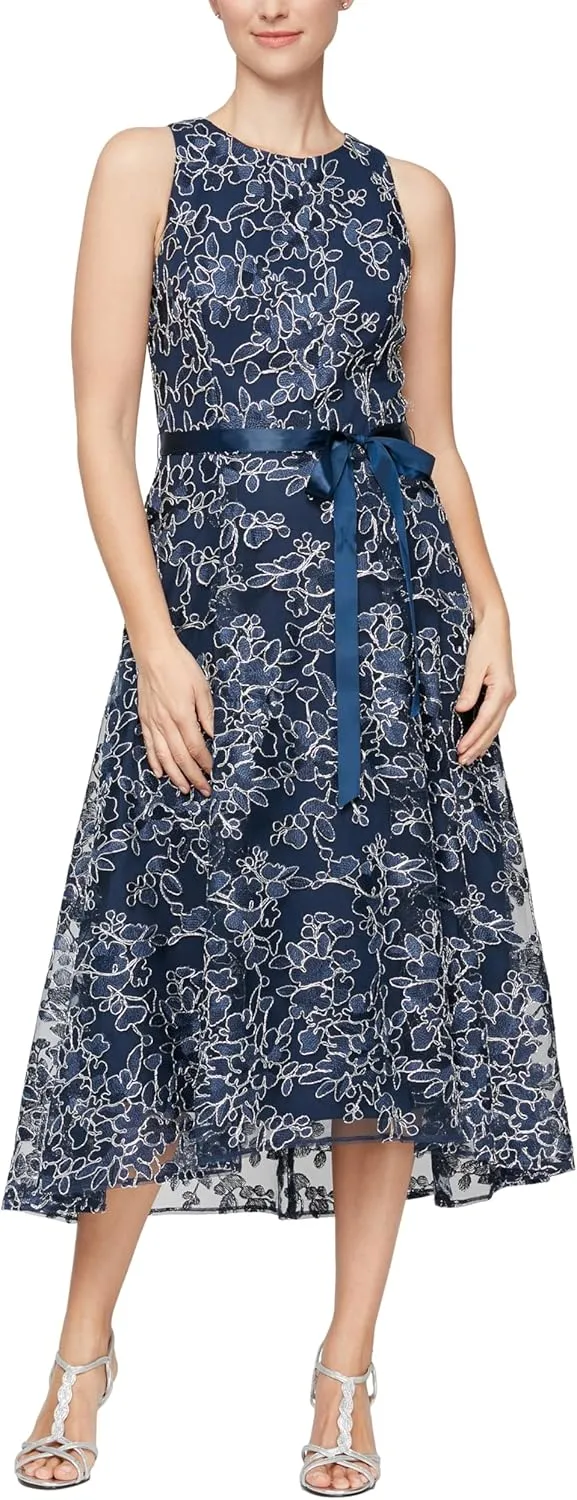 Alex Evenings Women's Sleeveless Midi Dress with Elegant Embroidery, Full Skirt and Tie Belt (Petite and Regular Sizes)