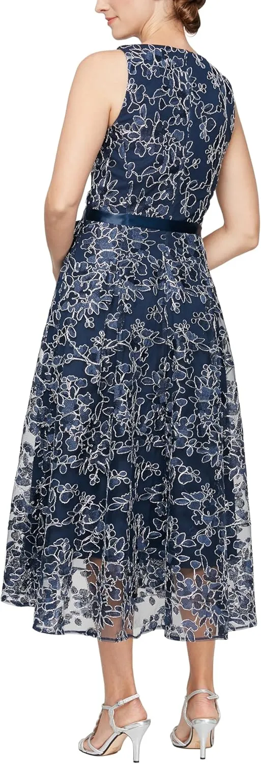 Alex Evenings Women's Sleeveless Midi Dress with Elegant Embroidery, Full Skirt and Tie Belt (Petite and Regular Sizes)