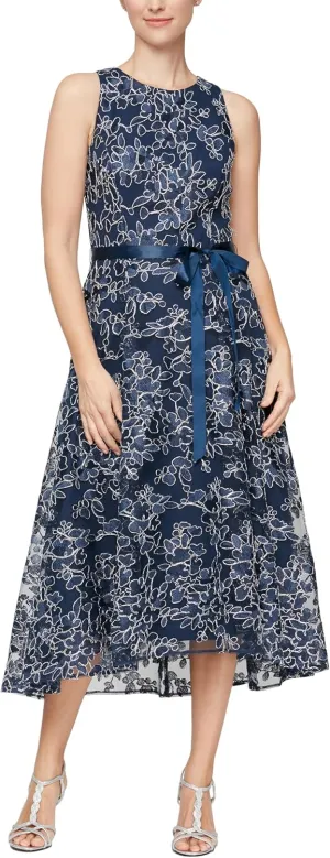 Alex Evenings Women's Sleeveless Midi Dress with Elegant Embroidery, Full Skirt and Tie Belt (Petite and Regular Sizes)