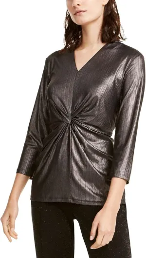 Alfani Womens Blouse Gunmetal Small Twist-Knot V-Neck Black S