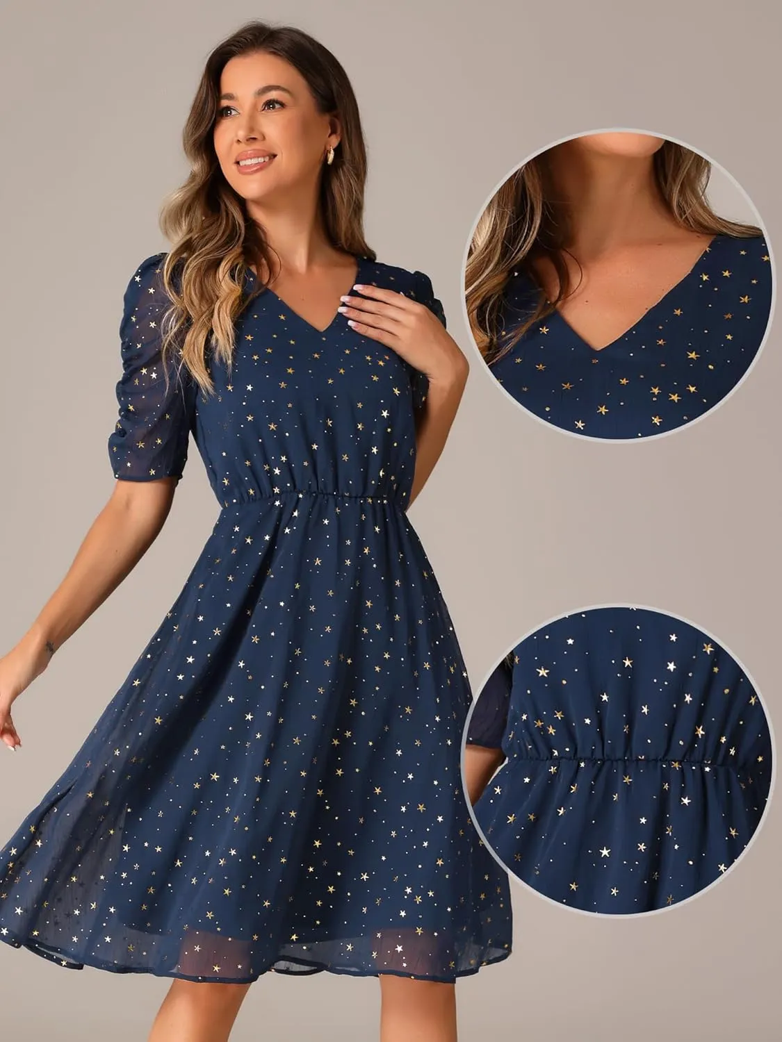Allegra K Chiffon Dress for Women's Metallic Stars Ruched Sleeve V Neck A-line Dress