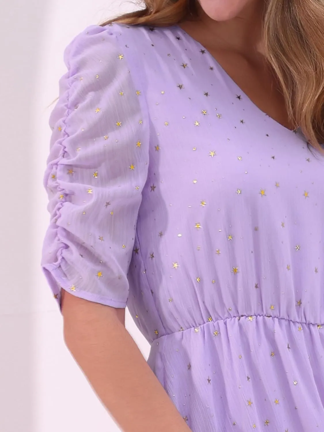 Allegra K Chiffon Dress for Women's Metallic Stars Ruched Sleeve V Neck A-line Dress