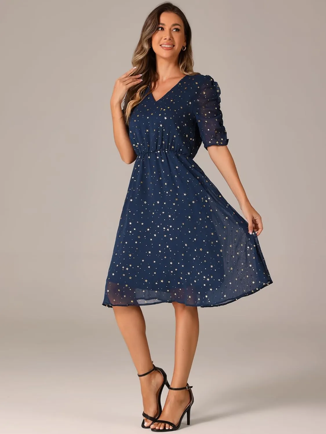 Allegra K Chiffon Dress for Women's Metallic Stars Ruched Sleeve V Neck A-line Dress