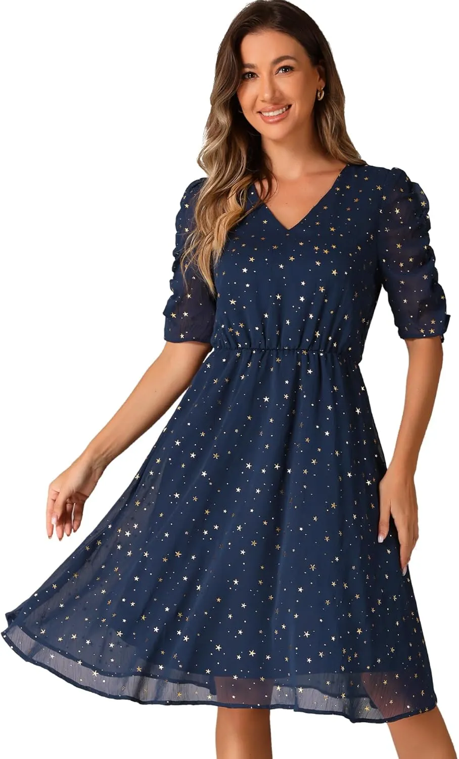 Allegra K Chiffon Dress for Women's Metallic Stars Ruched Sleeve V Neck A-line Dress