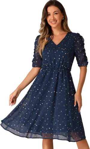 Allegra K Chiffon Dress for Women's Metallic Stars Ruched Sleeve V Neck A-line Dress