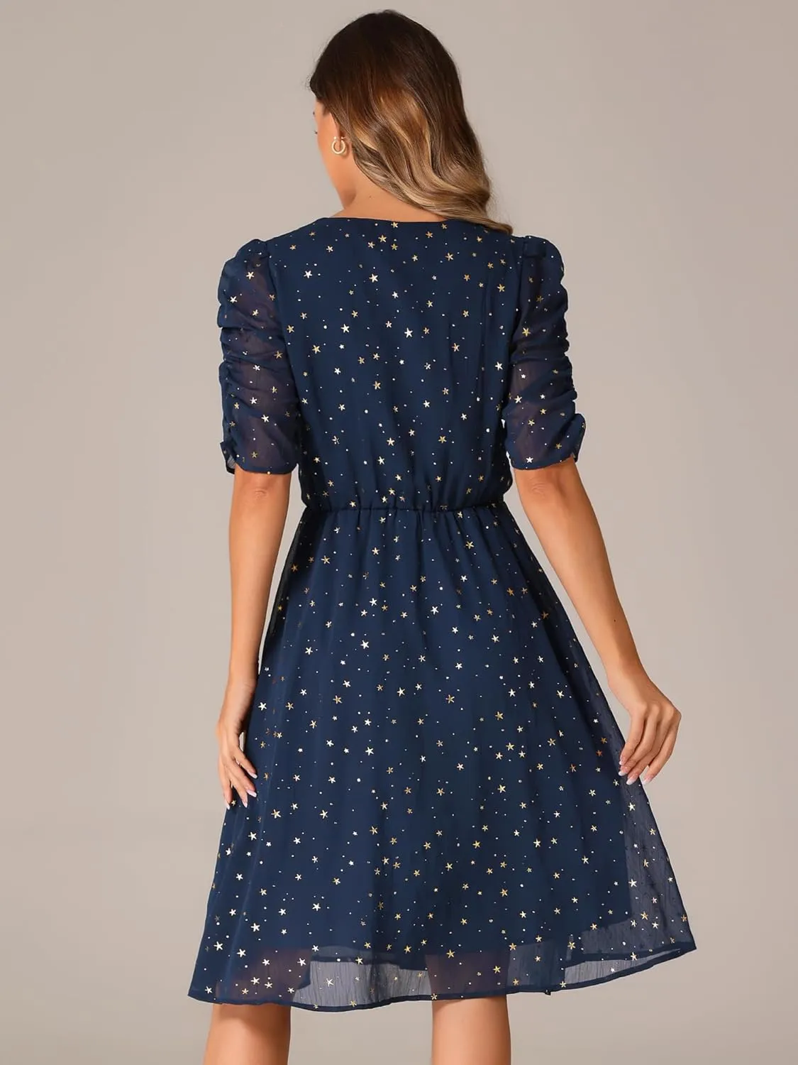 Allegra K Chiffon Dress for Women's Metallic Stars Ruched Sleeve V Neck A-line Dress