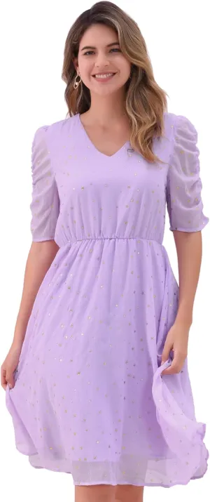 Allegra K Chiffon Dress for Women's Metallic Stars Ruched Sleeve V Neck A-line Dress