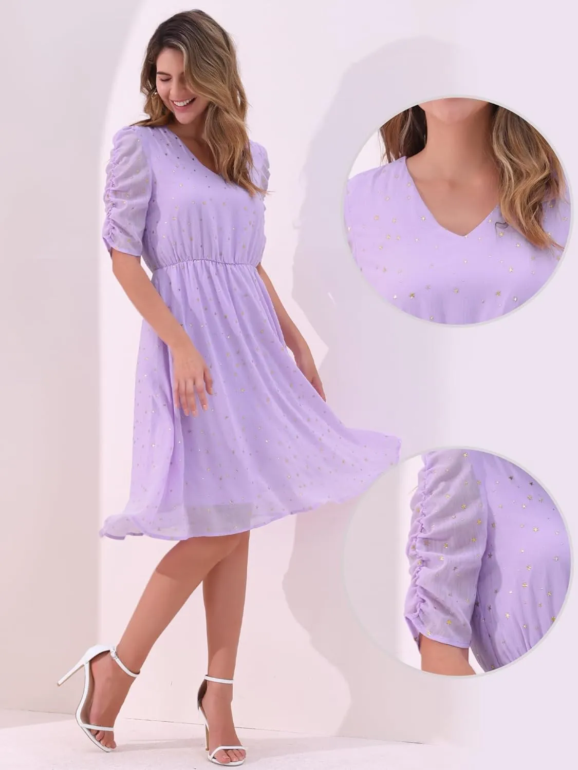 Allegra K Chiffon Dress for Women's Metallic Stars Ruched Sleeve V Neck A-line Dress