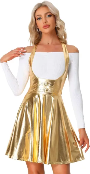 Allegra K Metallic Skirts for Women's Holographic Party Shimmering High Waist Gothic Suspender Skirt