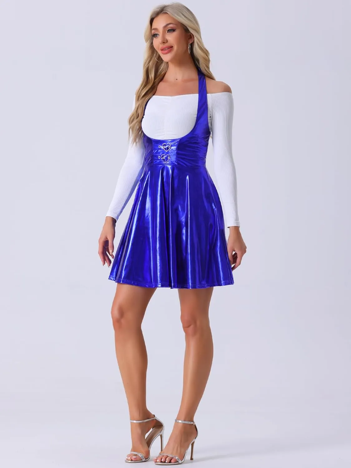 Allegra K Metallic Skirts for Women's Holographic Party Shimmering High Waist Gothic Suspender Skirt